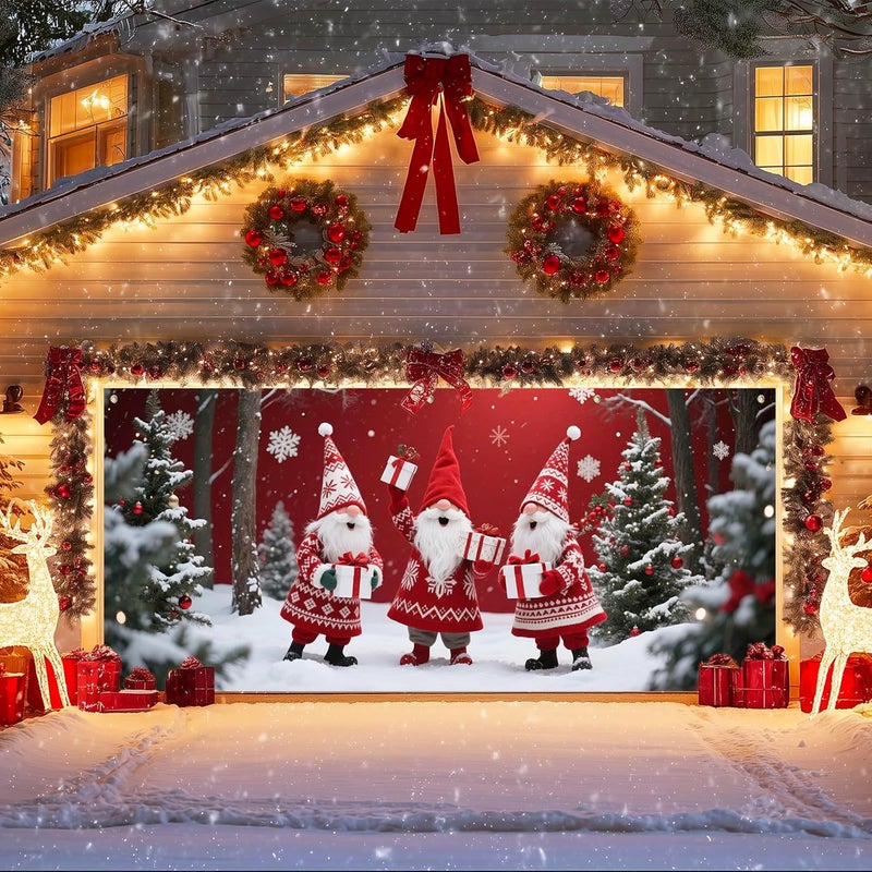 IVN Christmas Garage Door Cover Decoration 13x6ft Three Santas Gnome Red Gift Tree Snowy Trees Merry Christmas Garage Door Banner Home Door Front Yard Decor for Xmas Eve Holiday Outdoor - Image 1